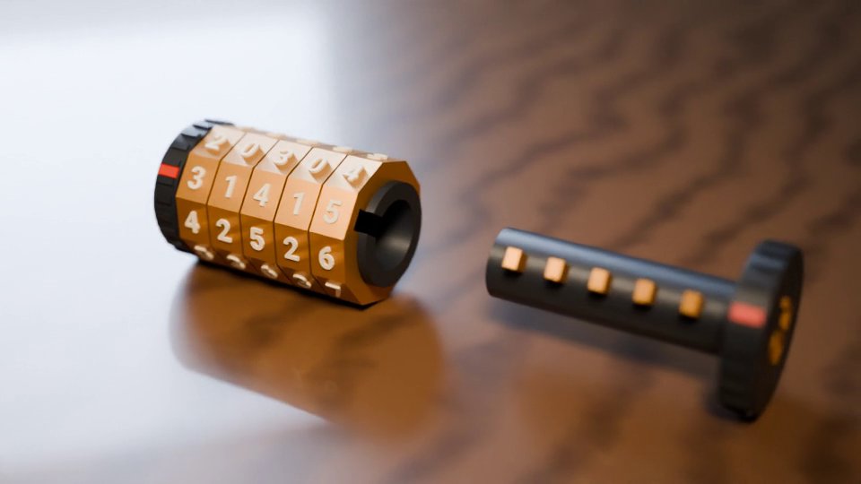 A rendered cryptex lying on a wooden desk with its rings set to 31415 and the core pulled out beside it, showing the five tan teeth in a row along the dark core tube