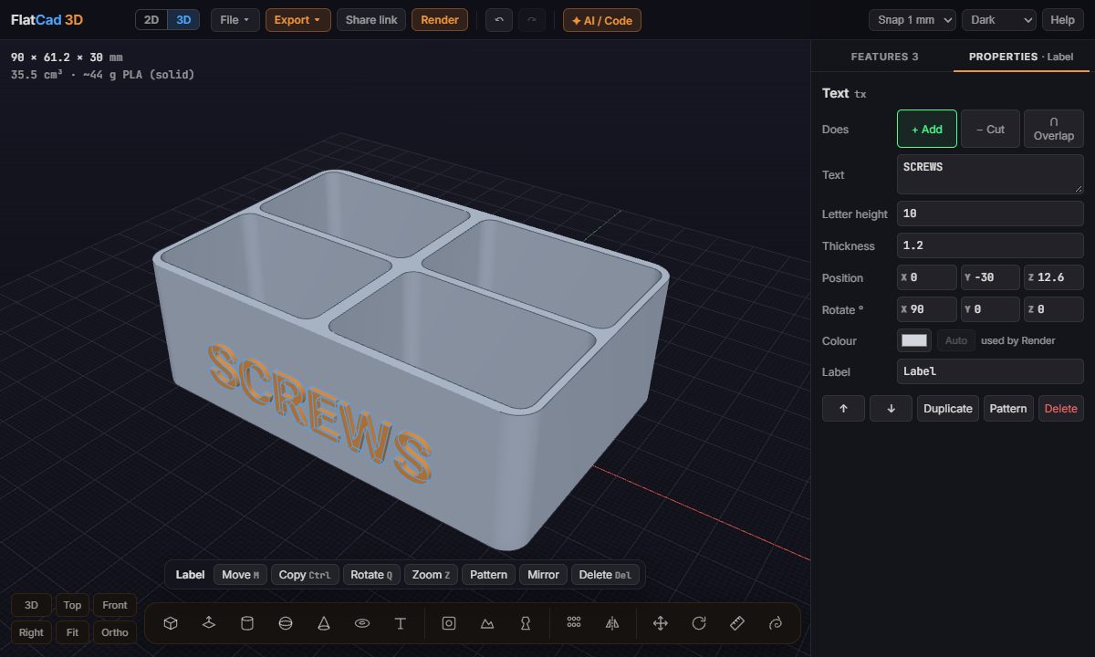 An imported STL of a tray in FlatCad 3D with raised text 'SCREWS' added to its front, and the text's letter height, thickness and position in the Properties tab