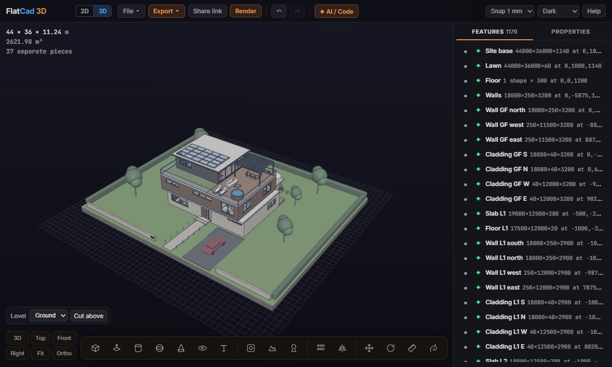 A three-storey modern house with a garden, pool terrace and solar panels, modelled in FlatCad 3D, with the list of walls, floors and cladding on the right