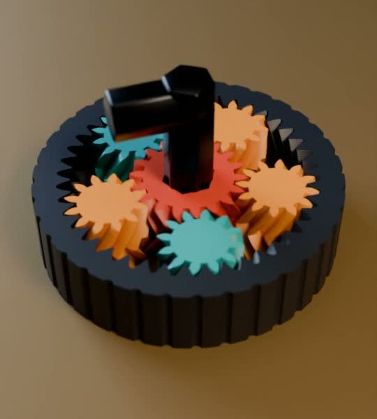 A rendered close-up of the gear bearing on a gold print bed with a black hex key in the red sun gear, the orange and teal planets meshing with the dark ring