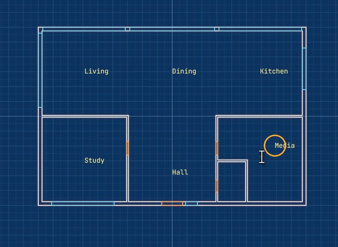 The villa's ground floor plan in FlatCad 2D on the blueprint theme: white double-line walls, orange door openings, blue window openings and yellow room names for Living, Dining, Kitchen, Study, Hall and Media