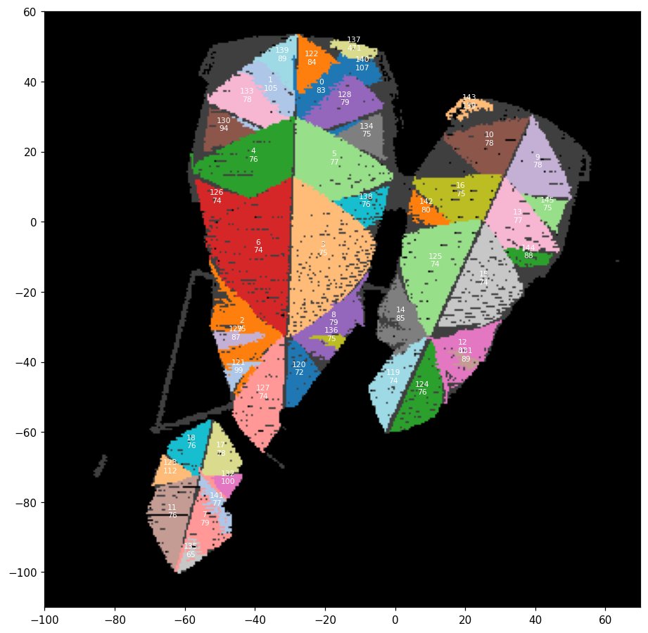 A plot of the Opera House roof from above, coloured by patch, each patch labelled with an id and its free-fit sphere radius in metres: the big central Concert Hall patches read 74 and 75, small edge patches read anything from 65 to 471