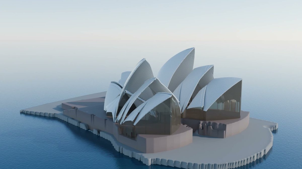 A rendered 3D model of the Sydney Opera House on its podium in Sydney Harbour, with the white sail-like roof shells of the Concert Hall and Joan Sutherland Theatre and glass walls under them